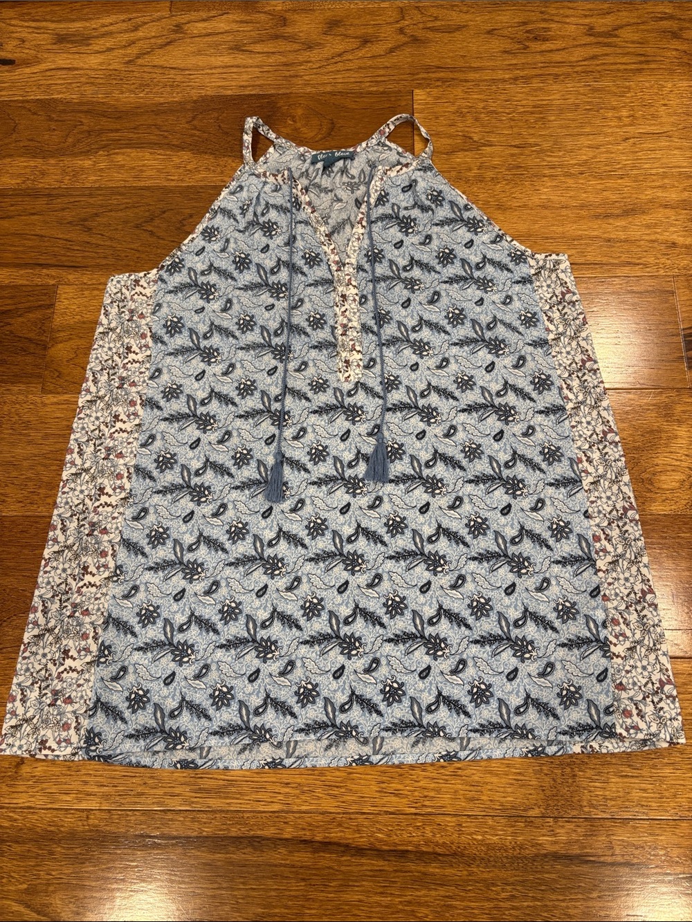 Blue Floral Sleeveless Blouse Top with Tie M